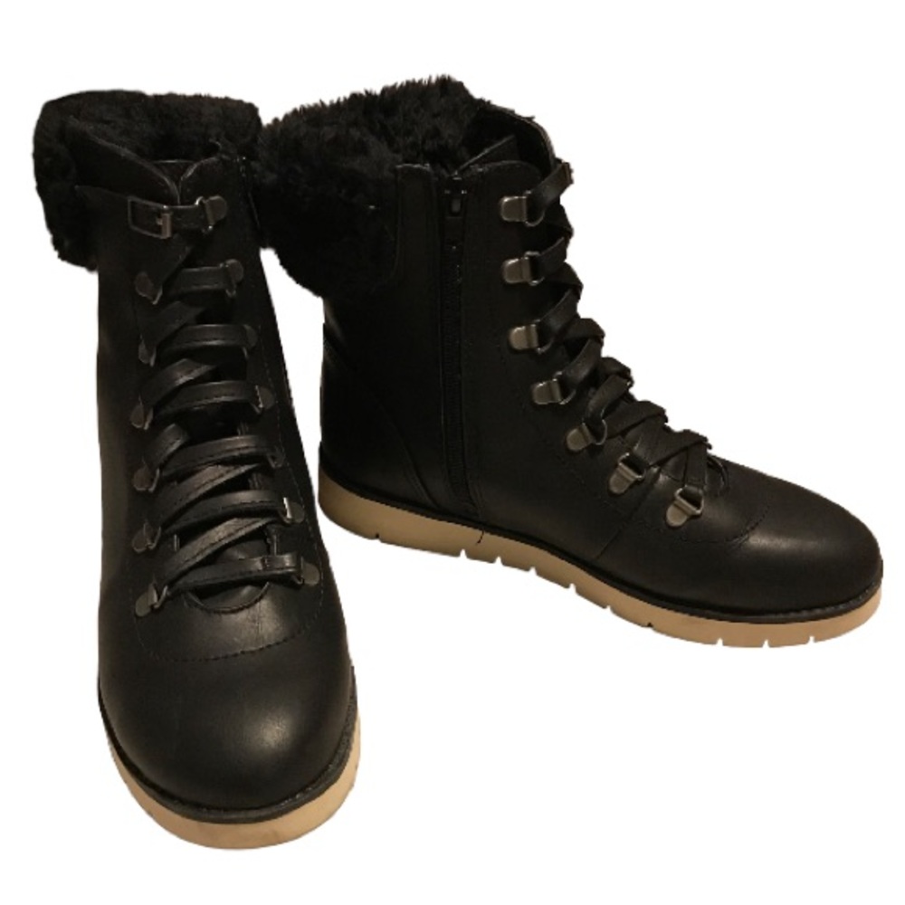 FREE PEOPLE MIA COMBAT STYLE BLACK LACE UP BOOTS WITH SIDE ZIPPER&FAUX FUR HEEL